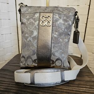COACH 46744 Julia Op Art Signature Silver Metallic Jacquard Leather Swingpack